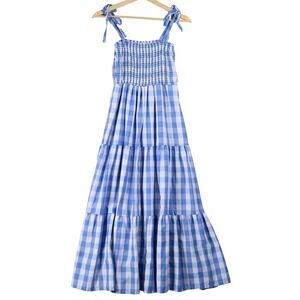 if She loves Blue Gingham Smocked Tiered Maxi Dress Small ISD1110D Tie Shoulder